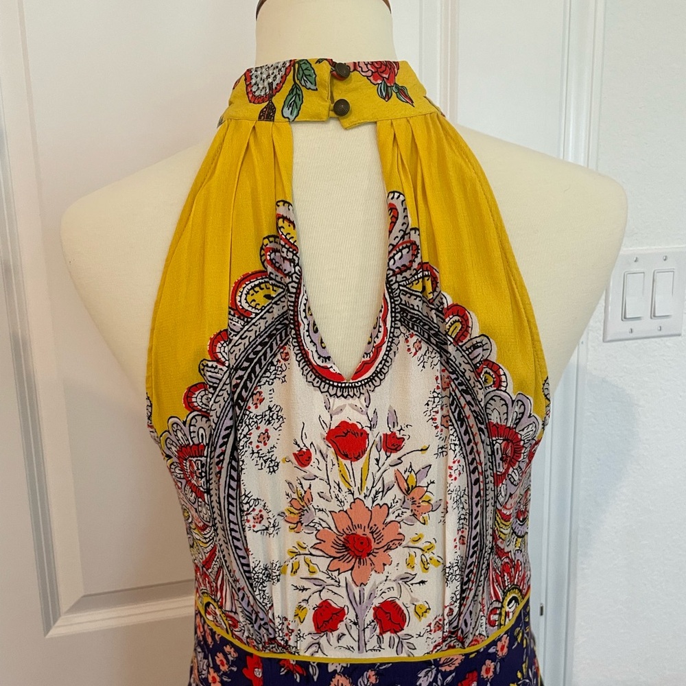 Maeve Anthropologie Blue and yellow Pleated Halter Sundress - Picture 4 of 6
